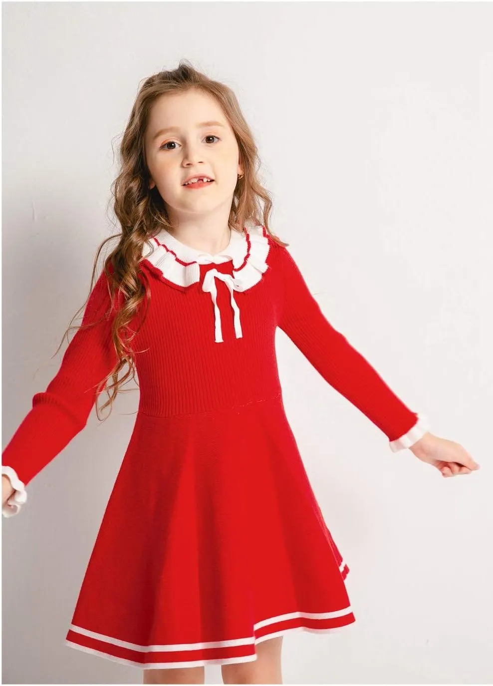SMILING PINKER Toddler Girls Dresses Sweater Long Sleeve Winter Knitted Skater Dress Ruffle Collar