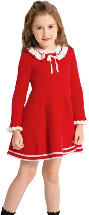 SMILING PINKER Toddler Girls Dresses Sweater Long Sleeve Winter Knitted Skater Dress Ruffle Collar