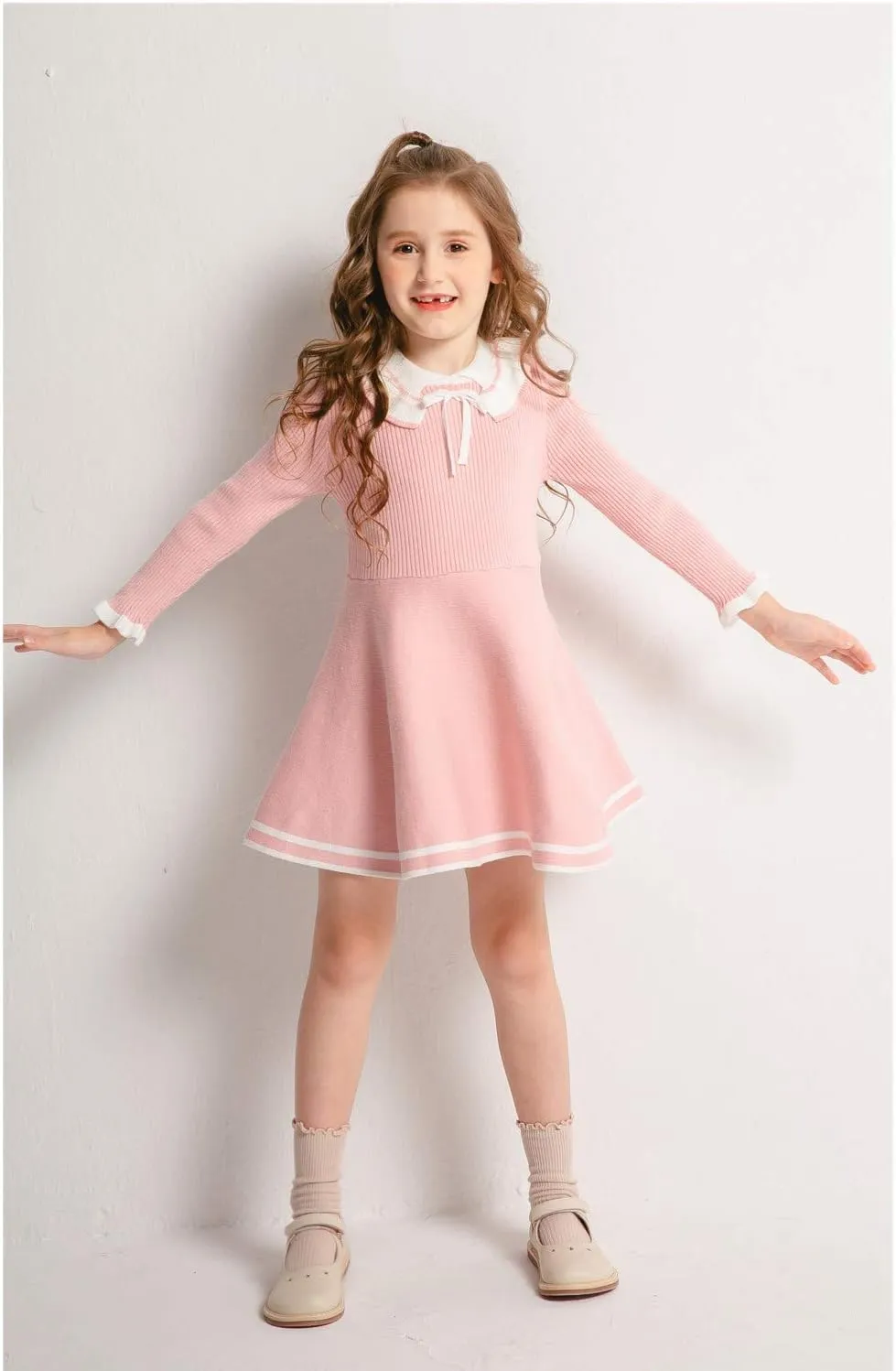 SMILING PINKER Toddler Girls Dresses Sweater Long Sleeve Winter Knitted Skater Dress Ruffle Collar