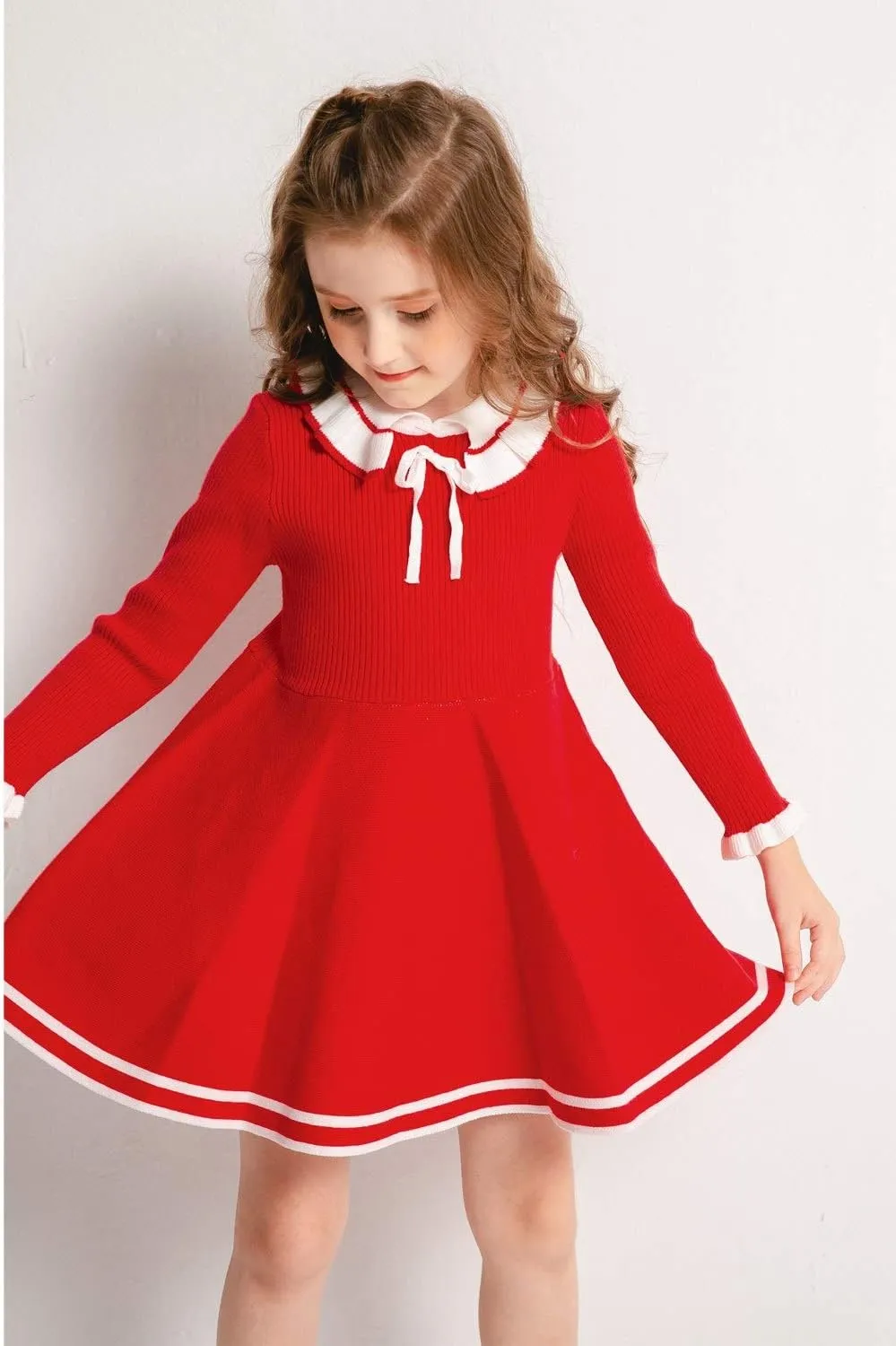 SMILING PINKER Toddler Girls Dresses Sweater Long Sleeve Winter Knitted Skater Dress Ruffle Collar