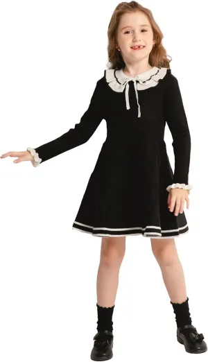 SMILING PINKER Toddler Girls Dresses Sweater Long Sleeve Winter Knitted Skater Dress Ruffle Collar