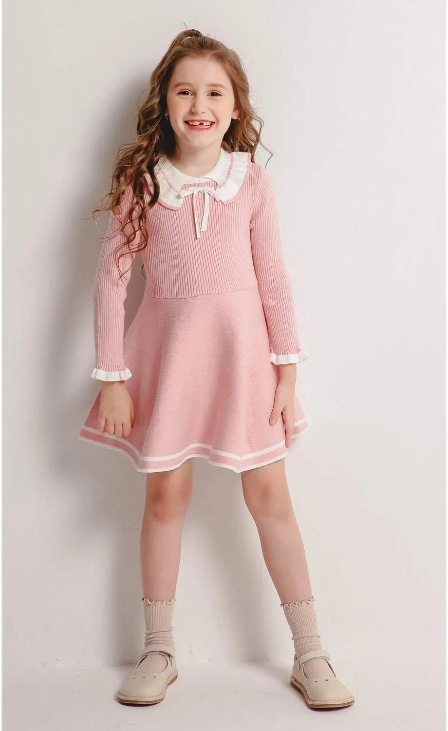 SMILING PINKER Toddler Girls Dresses Sweater Long Sleeve Winter Knitted Skater Dress Ruffle Collar