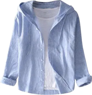 Spring and Summer New Men's Loose Fashion Sunscreen Hooded Long Sleeve Solid Color Linen Shirt Floral Sleeve Men Shirt