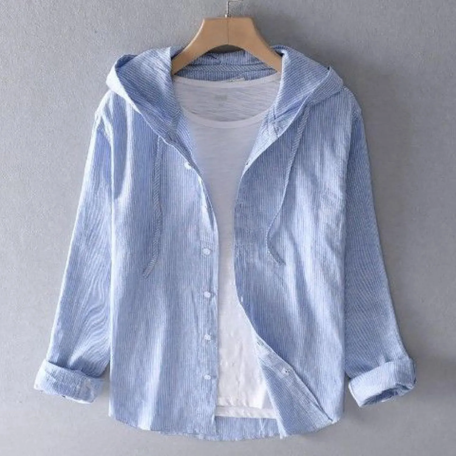Spring and Summer New Men's Loose Fashion Sunscreen Hooded Long Sleeve Solid Color Linen Shirt Floral Sleeve Men Shirt