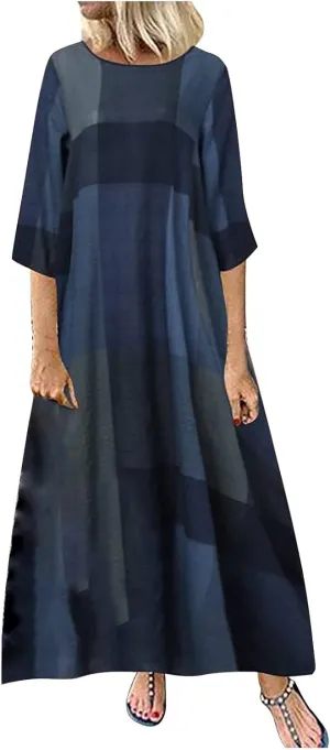 Spring Dresses for Women 2024 Casual 3/4 Sleeve Plus Size Maxi Dress A Line Shirt Flowy Swing Beach Vacation Long Sundress