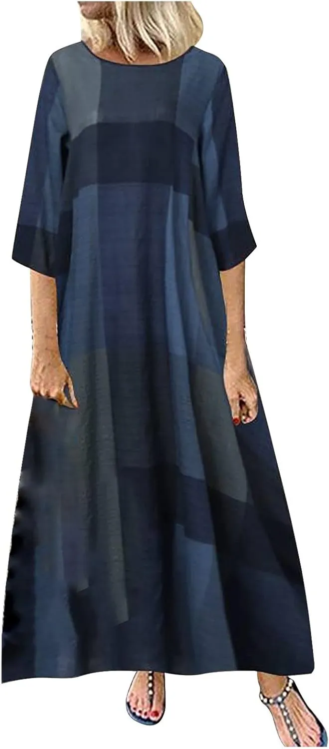 Spring Dresses for Women 2024 Casual 3/4 Sleeve Plus Size Maxi Dress A Line Shirt Flowy Swing Beach Vacation Long Sundress