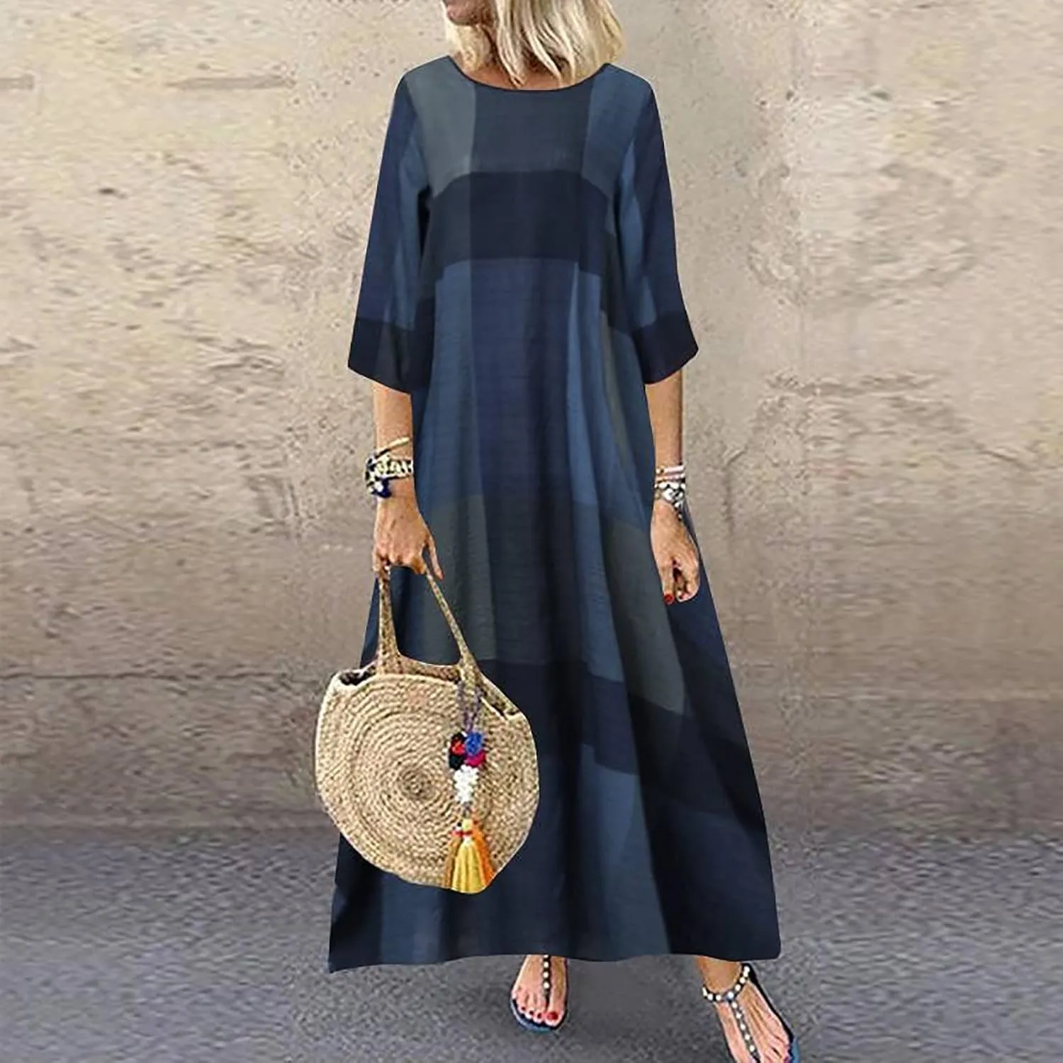 Spring Dresses for Women 2024 Casual 3/4 Sleeve Plus Size Maxi Dress A Line Shirt Flowy Swing Beach Vacation Long Sundress