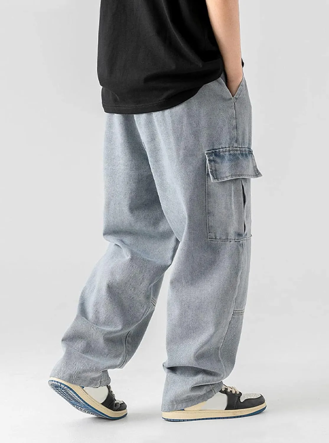 Streetwear Hip Hop Loose Elastic Waist Loose Fit Cargo Denim Joggers Pants Jeans