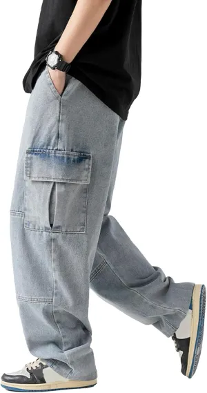 Streetwear Hip Hop Loose Elastic Waist Loose Fit Cargo Denim Joggers Pants Jeans