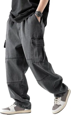 Streetwear Hip Hop Loose Elastic Waist Loose Fit Cargo Denim Joggers Pants Jeans