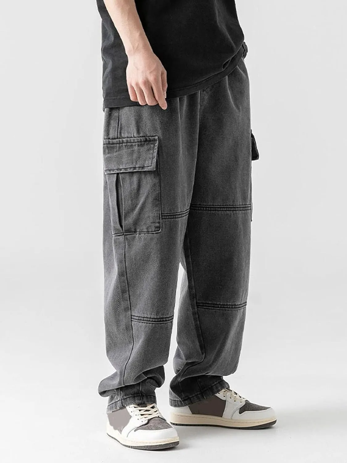 Streetwear Hip Hop Loose Elastic Waist Loose Fit Cargo Denim Joggers Pants Jeans