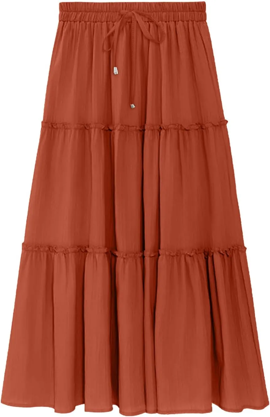 Summer Basic Maxi Skirt for Women Layered Ruffle Flowy A-Line Skirts Drawstring Elastic High Waist Swing Beach Skirt