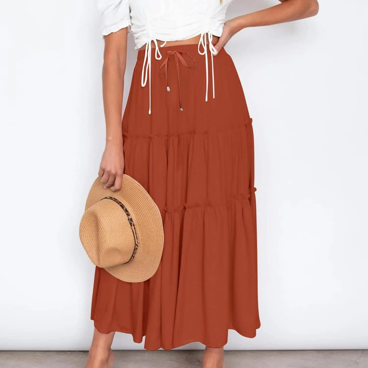 Summer Basic Maxi Skirt for Women Layered Ruffle Flowy A-Line Skirts Drawstring Elastic High Waist Swing Beach Skirt