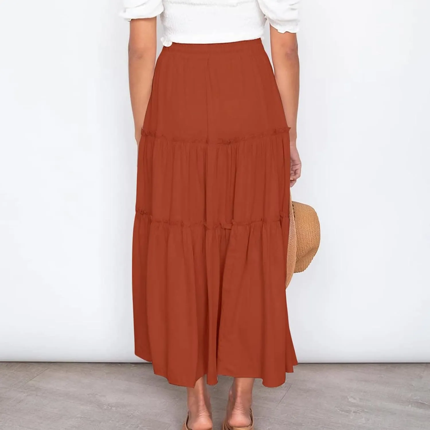 Summer Basic Maxi Skirt for Women Layered Ruffle Flowy A-Line Skirts Drawstring Elastic High Waist Swing Beach Skirt