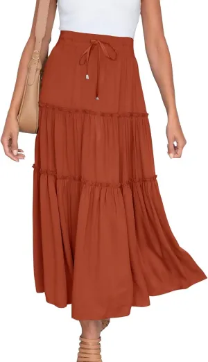 Summer Basic Maxi Skirt for Women Layered Ruffle Flowy A-Line Skirts Drawstring Elastic High Waist Swing Beach Skirt