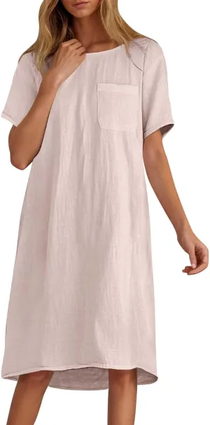 Summer Cotton Linen Dress for Women 2025 Vacation Short Sleeve Crew Neck Loose Midi Beach T Shirt Dresses with Pocket