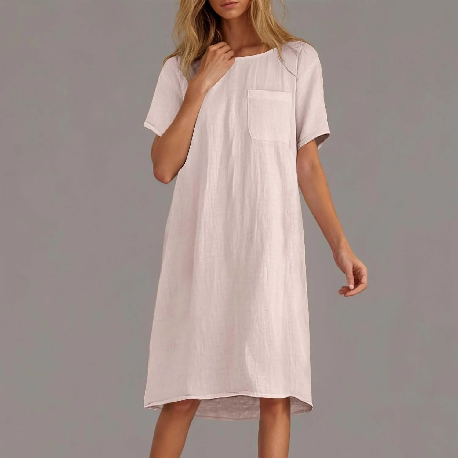 Summer Cotton Linen Dress for Women 2025 Vacation Short Sleeve Crew Neck Loose Midi Beach T Shirt Dresses with Pocket