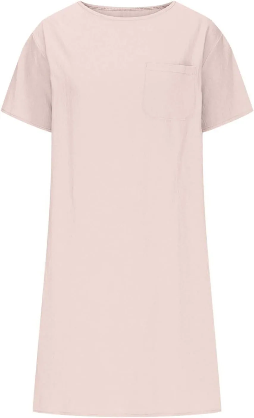 Summer Cotton Linen Dress for Women 2025 Vacation Short Sleeve Crew Neck Loose Midi Beach T Shirt Dresses with Pocket