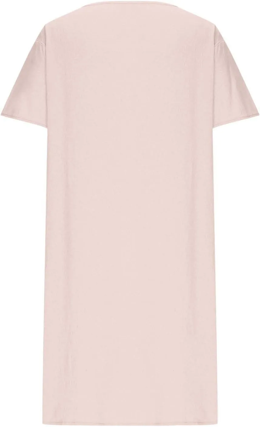 Summer Cotton Linen Dress for Women 2025 Vacation Short Sleeve Crew Neck Loose Midi Beach T Shirt Dresses with Pocket