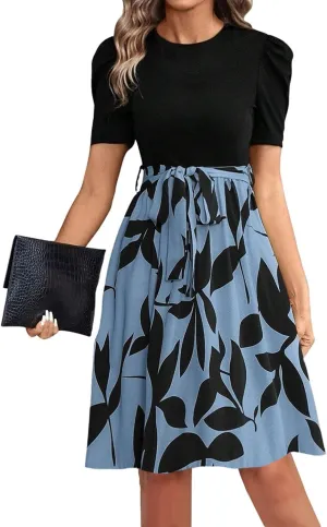 Summer Dresses for Women 2025 Floral Print Wrap Short Sleeve Midi Dress Patchwork Ruffle Hem A Line Dress