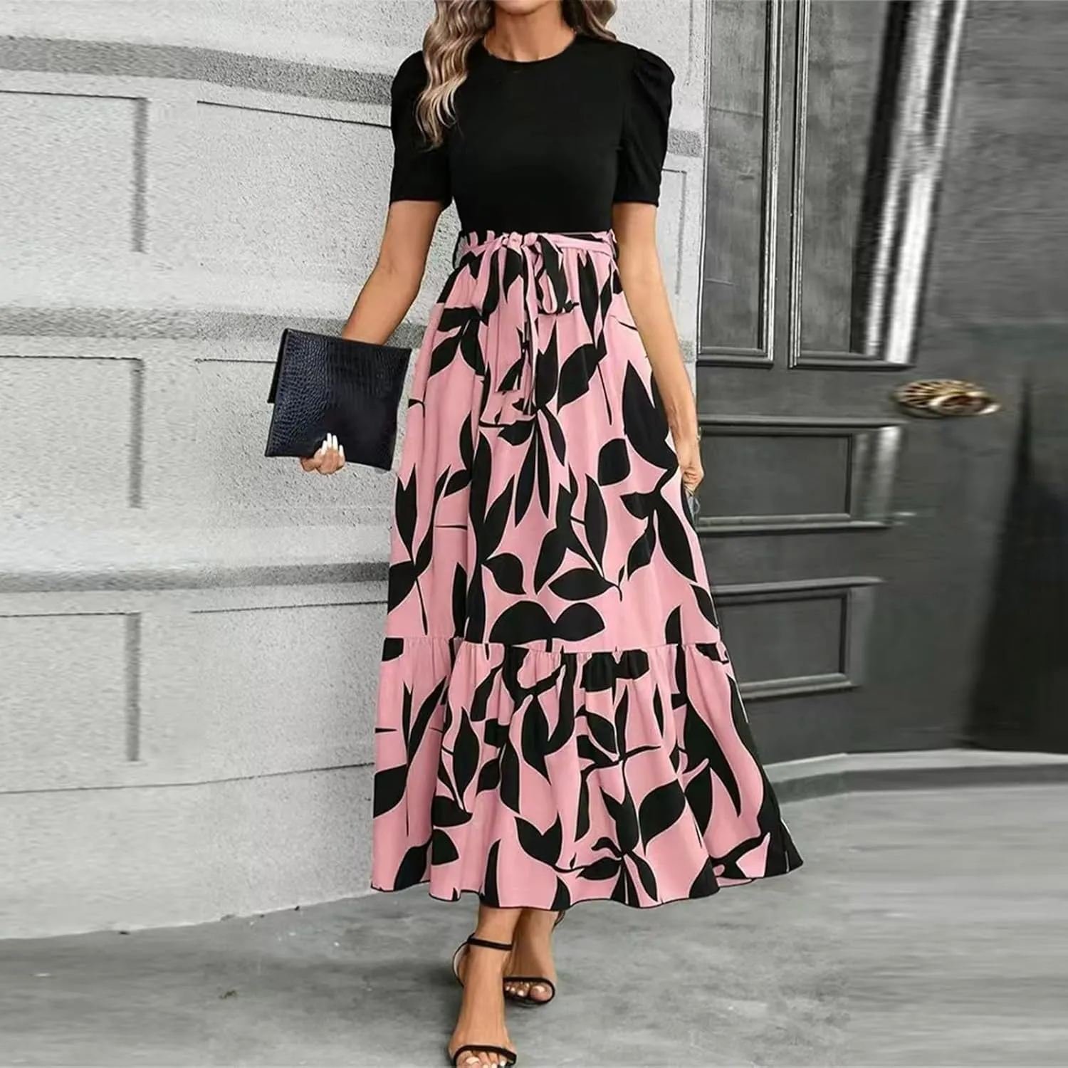 Summer Dresses for Women 2025 Maxi Dress Ruffle Short Sleeve Casual Floral Print Empire Waist Long Flowy Dresses