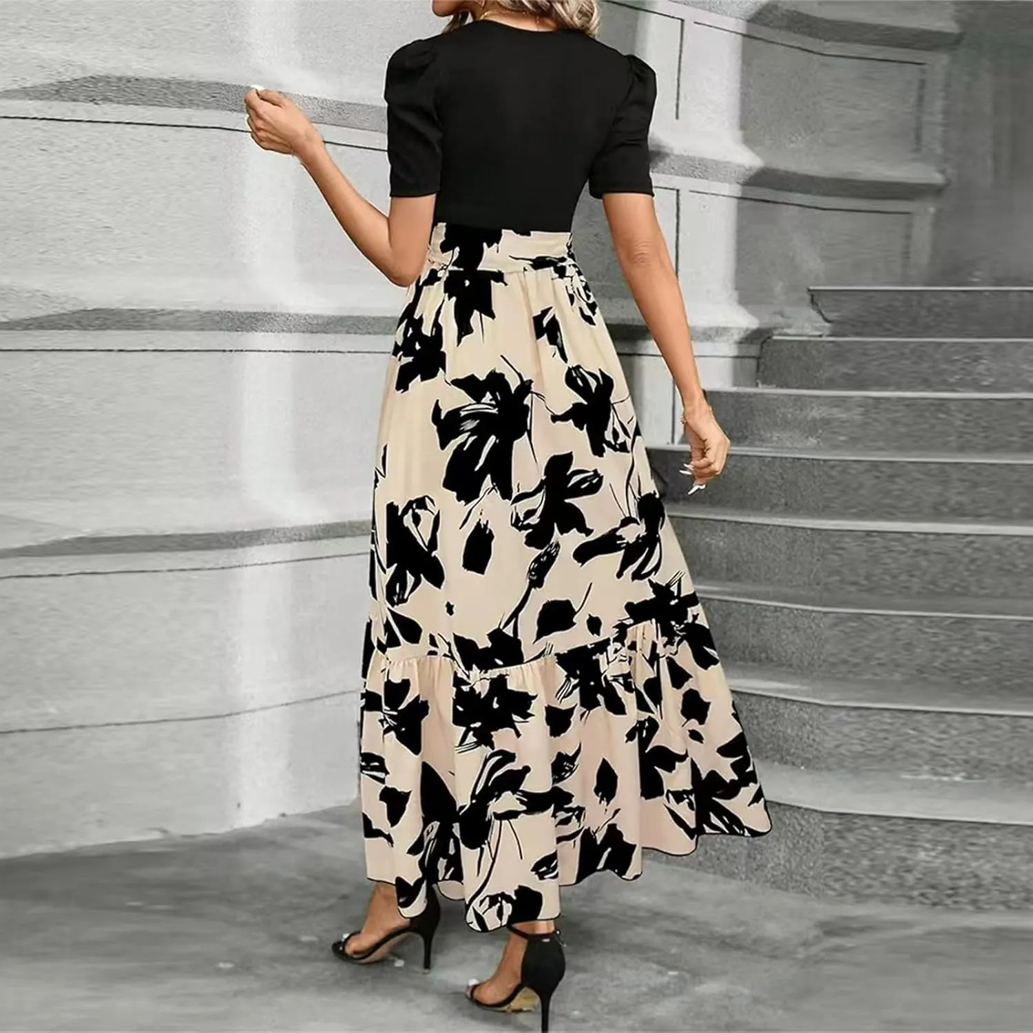 Summer Dresses for Women 2025 Maxi Dress Ruffle Short Sleeve Casual Floral Print Empire Waist Long Flowy Dresses