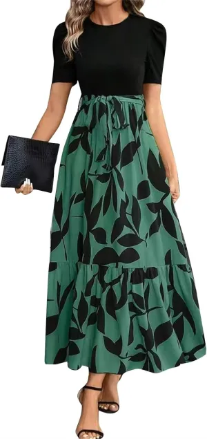Summer Dresses for Women 2025 Maxi Dress Ruffle Short Sleeve Casual Floral Print Empire Waist Long Flowy Dresses