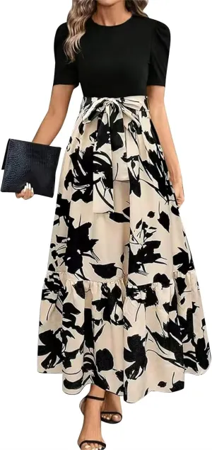 Summer Dresses for Women 2025 Maxi Dress Ruffle Short Sleeve Casual Floral Print Empire Waist Long Flowy Dresses