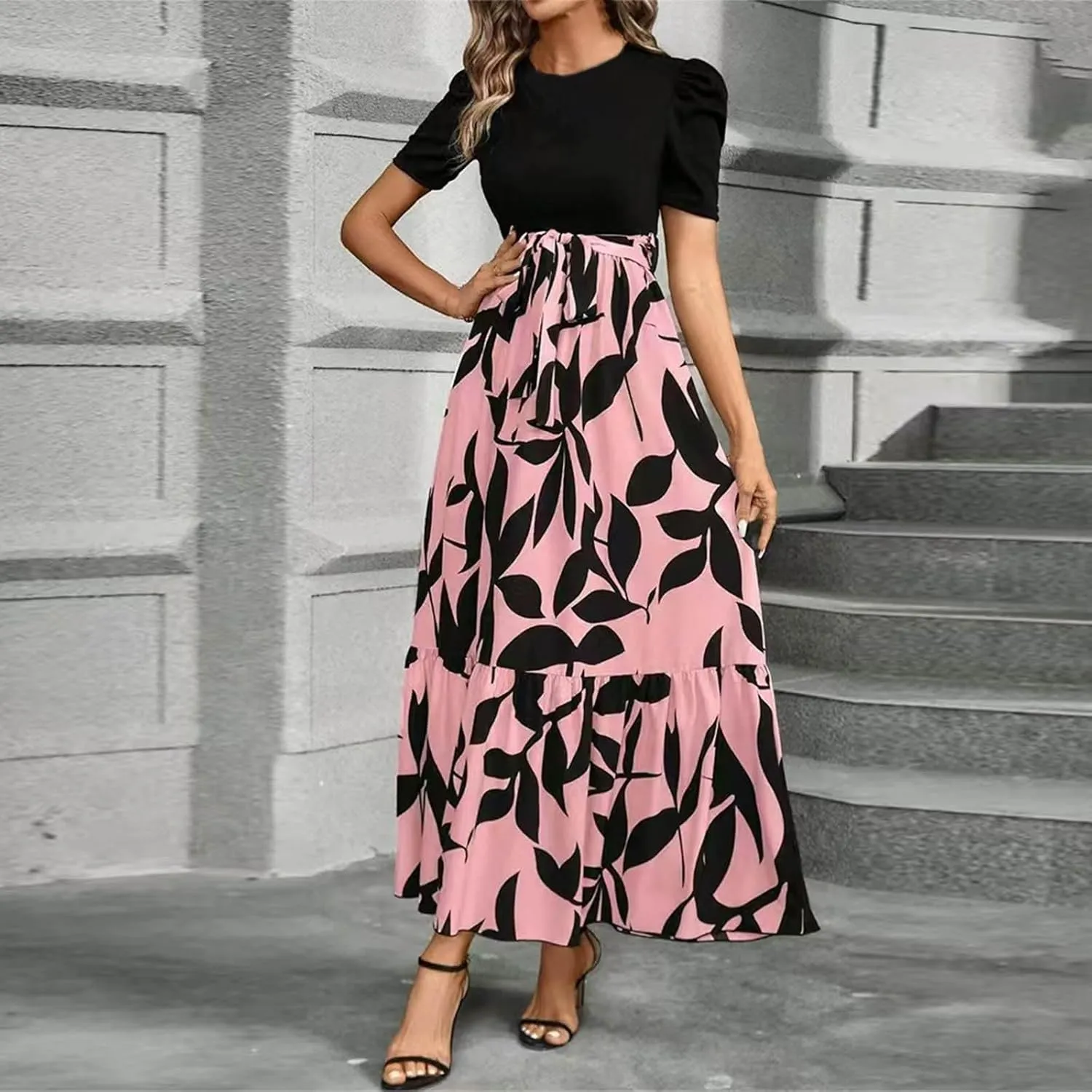 Summer Dresses for Women 2025 Maxi Dress Ruffle Short Sleeve Casual Floral Print Empire Waist Long Flowy Dresses