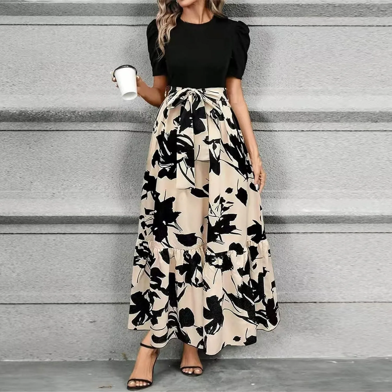 Summer Dresses for Women 2025 Maxi Dress Ruffle Short Sleeve Casual Floral Print Empire Waist Long Flowy Dresses
