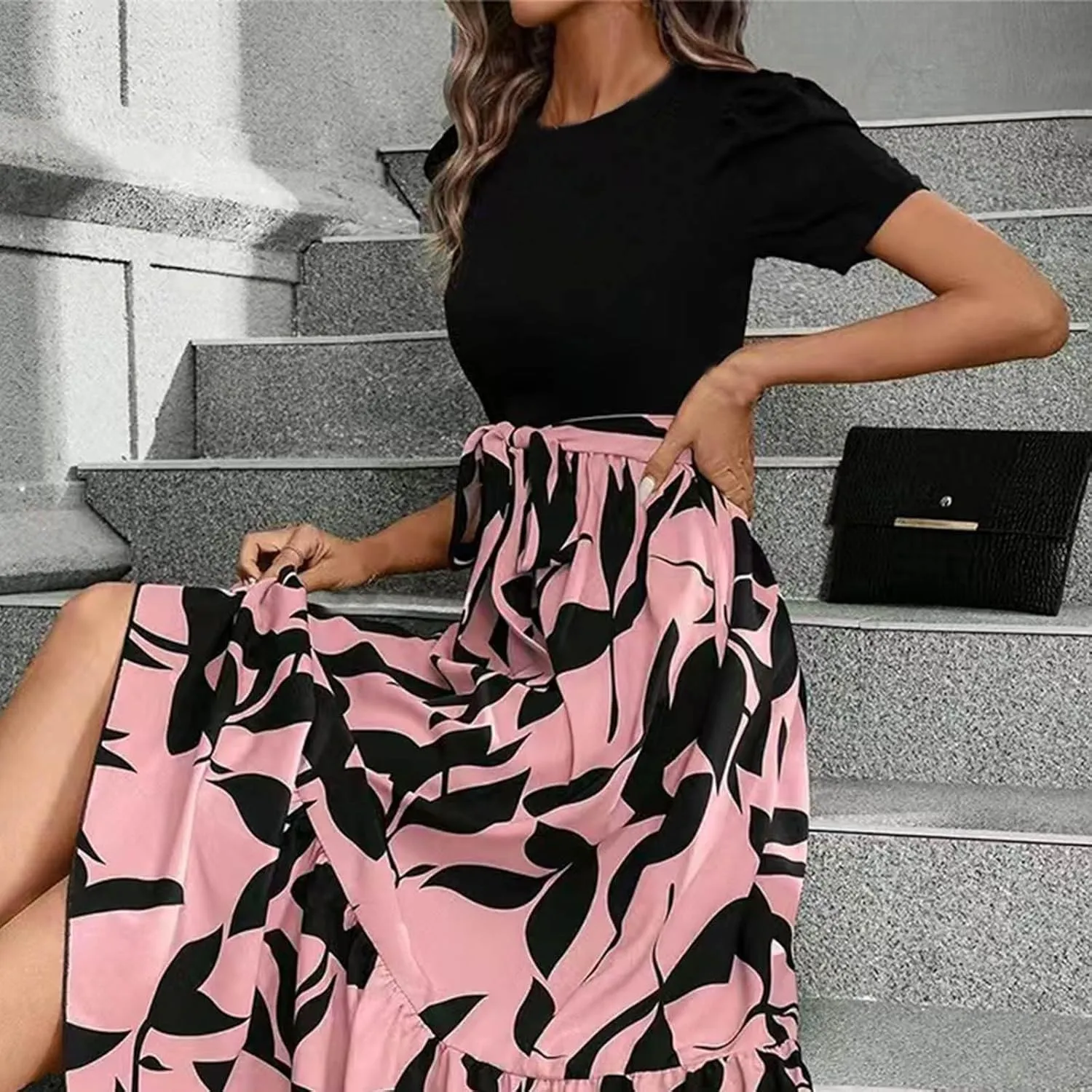 Summer Dresses for Women 2025 Maxi Dress Ruffle Short Sleeve Casual Floral Print Empire Waist Long Flowy Dresses