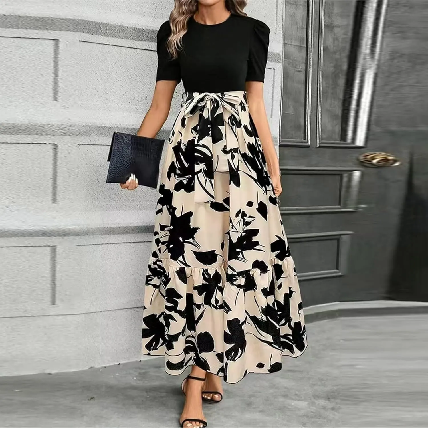 Summer Dresses for Women 2025 Maxi Dress Ruffle Short Sleeve Casual Floral Print Empire Waist Long Flowy Dresses