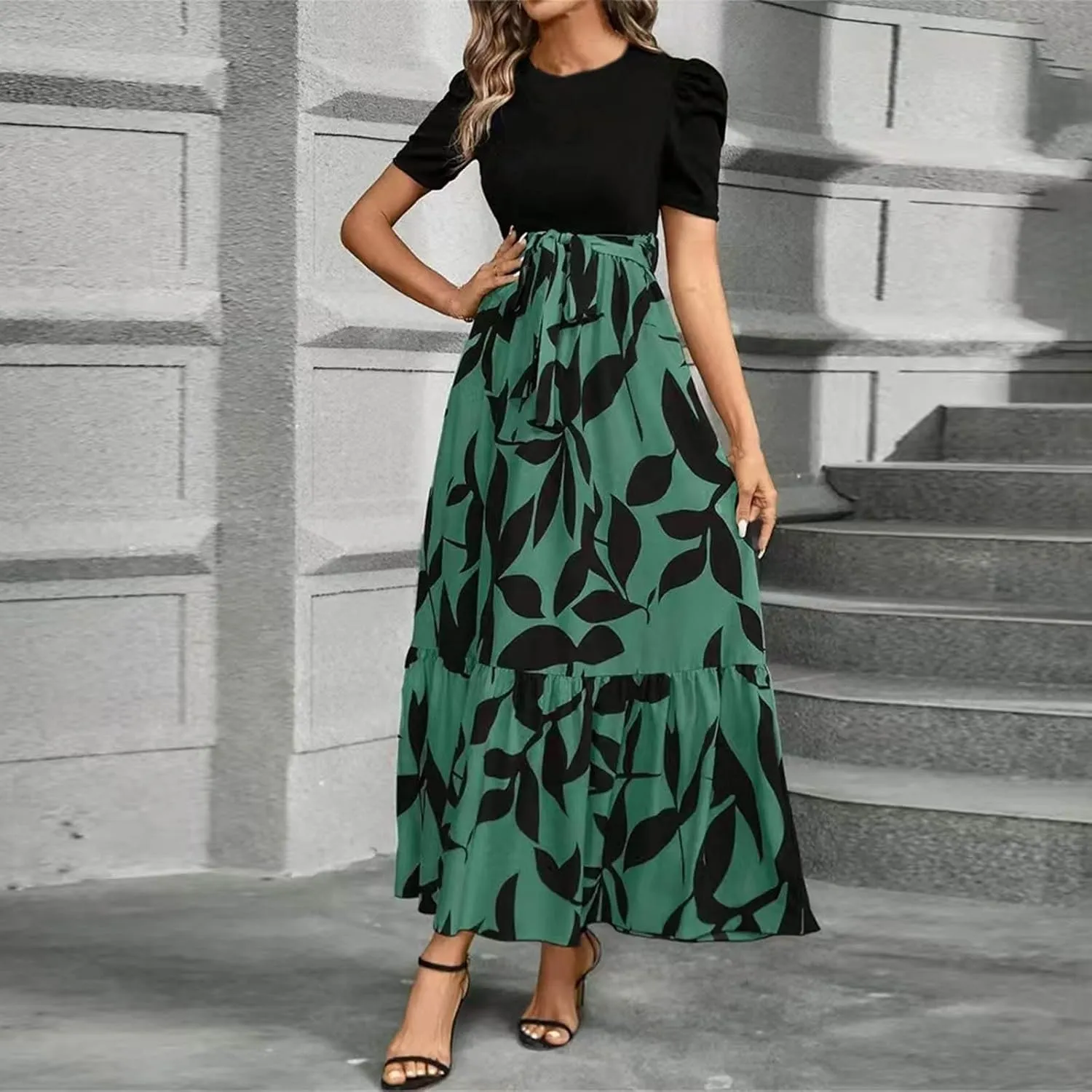 Summer Dresses for Women 2025 Maxi Dress Ruffle Short Sleeve Casual Floral Print Empire Waist Long Flowy Dresses
