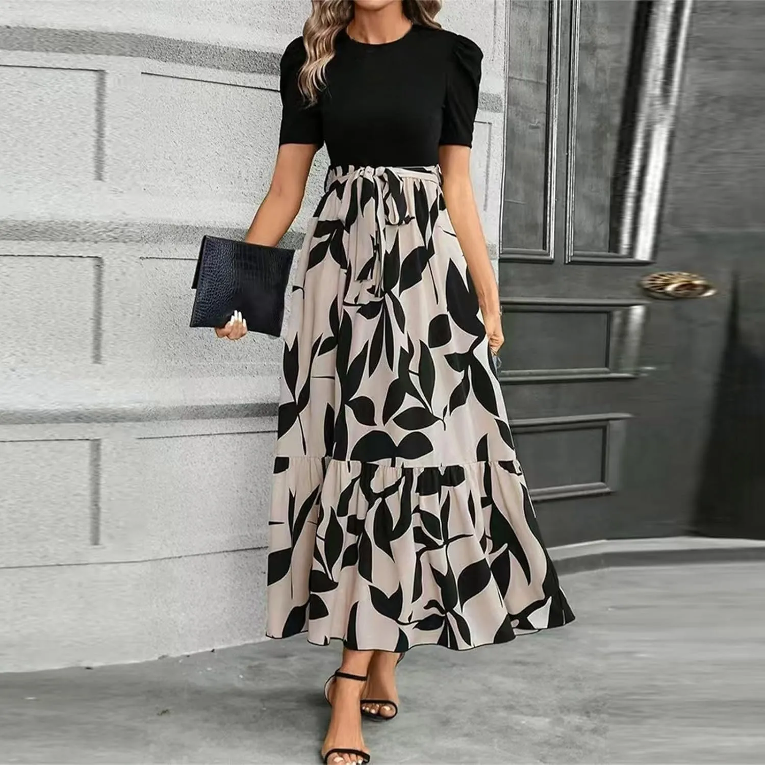 Summer Dresses for Women 2025 Maxi Dress Ruffle Short Sleeve Casual Floral Print Empire Waist Long Flowy Dresses