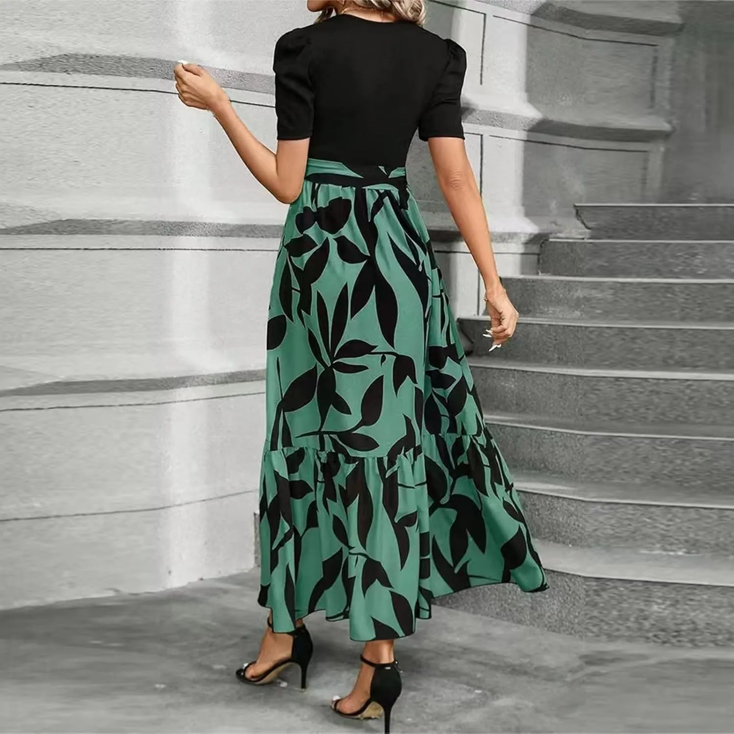 Summer Dresses for Women 2025 Maxi Dress Ruffle Short Sleeve Casual Floral Print Empire Waist Long Flowy Dresses