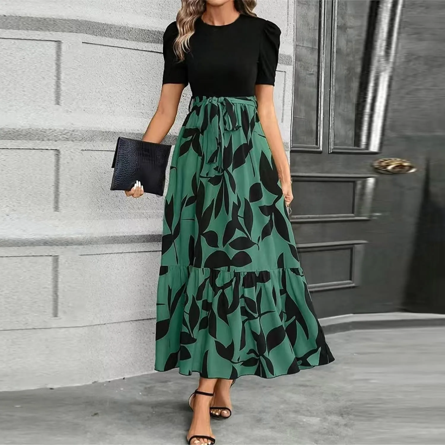 Summer Dresses for Women 2025 Maxi Dress Ruffle Short Sleeve Casual Floral Print Empire Waist Long Flowy Dresses