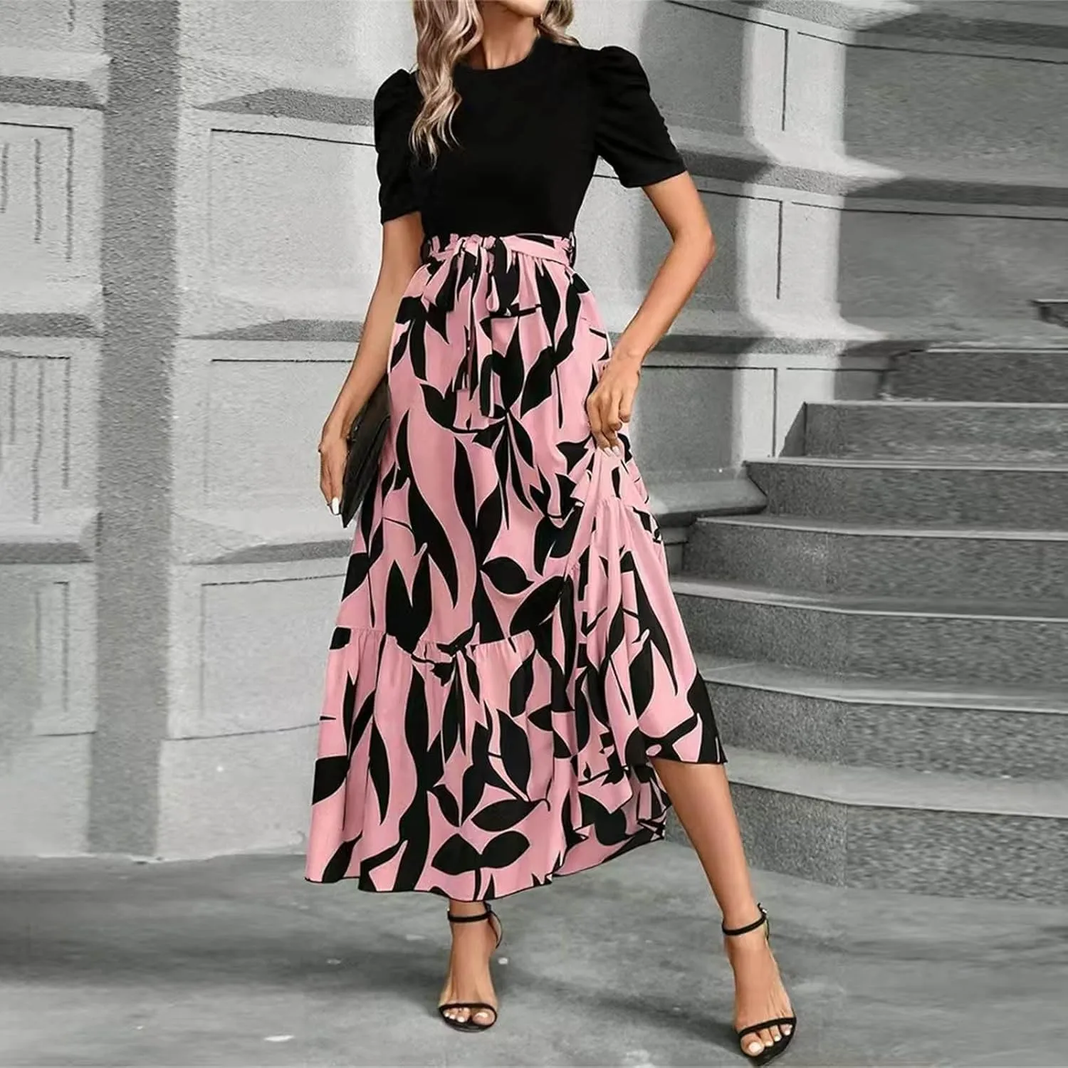 Summer Dresses for Women 2025 Maxi Dress Ruffle Short Sleeve Casual Floral Print Empire Waist Long Flowy Dresses