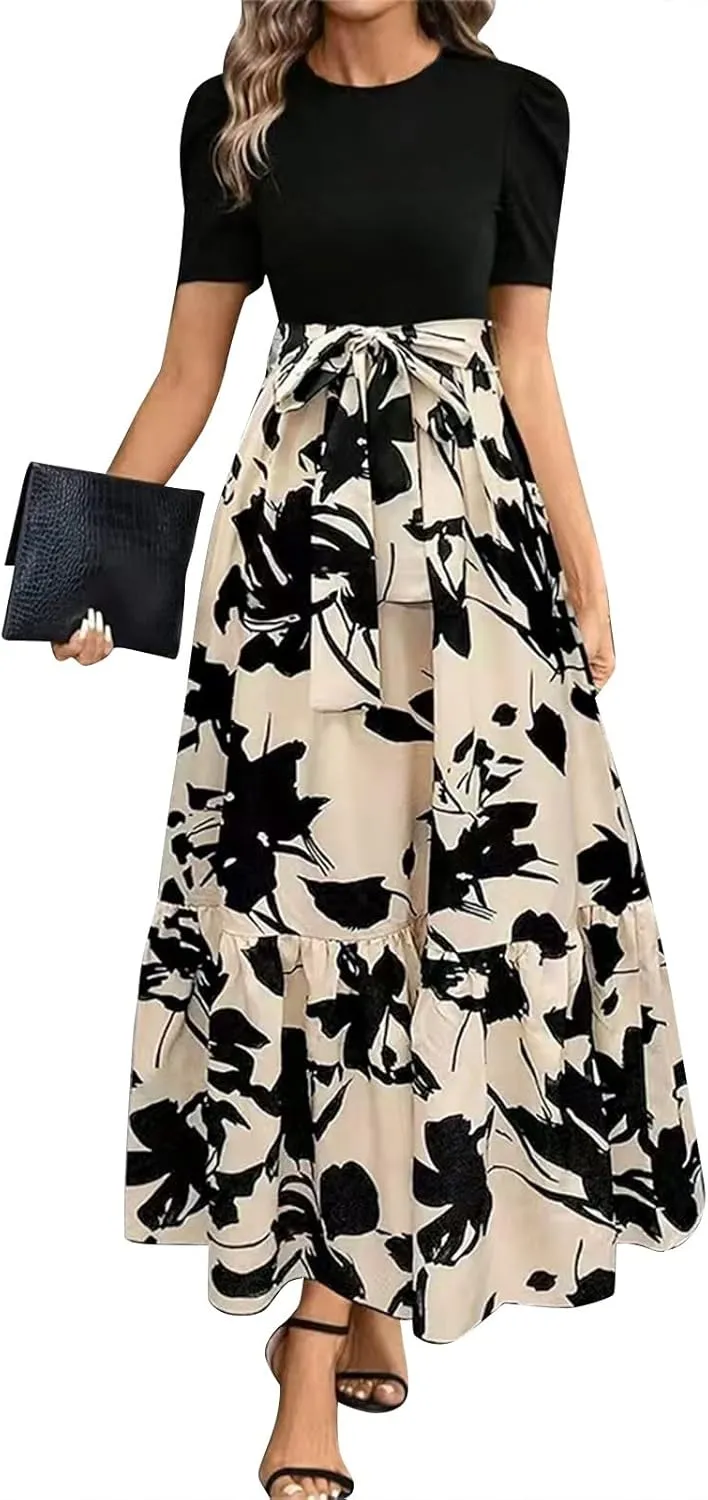 Summer Dresses for Women 2025 Maxi Dress Ruffle Short Sleeve Casual Floral Print Empire Waist Long Flowy Dresses