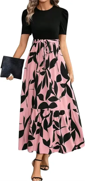 Summer Dresses for Women 2025 Maxi Dress Ruffle Short Sleeve Casual Floral Print Empire Waist Long Flowy Dresses