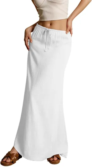 Summer Maxi Skirts for Women Trendy Low Waisted Drawstring Skorts Casual Lightweight Solid Color Simple Long Skirts