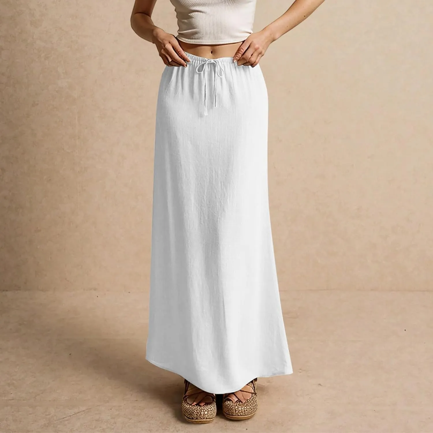 Summer Maxi Skirts for Women Trendy Low Waisted Drawstring Skorts Casual Lightweight Solid Color Simple Long Skirts
