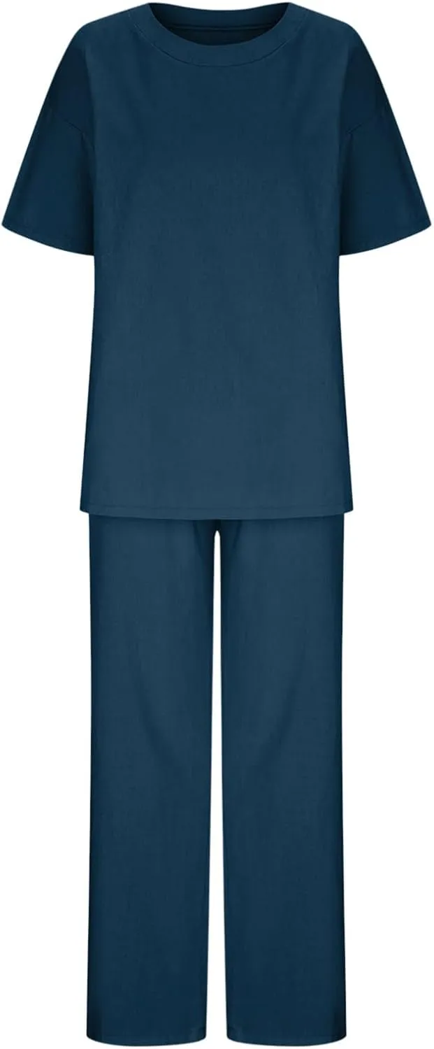 Summer Plus Size Linen Pant Sets Women 2 Piece Outfits Oversized Loose Lounge Set Shirt Top Wide Leg Pants Pajama Set
