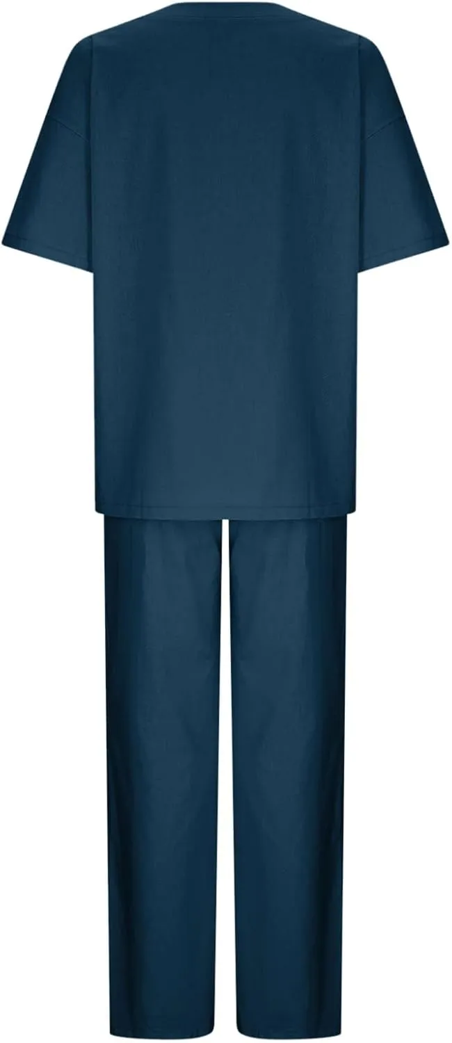 Summer Plus Size Linen Pant Sets Women 2 Piece Outfits Oversized Loose Lounge Set Shirt Top Wide Leg Pants Pajama Set