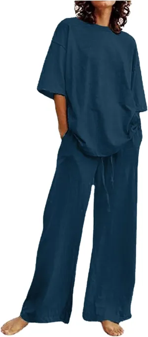 Summer Plus Size Linen Pant Sets Women 2 Piece Outfits Oversized Loose Lounge Set Shirt Top Wide Leg Pants Pajama Set