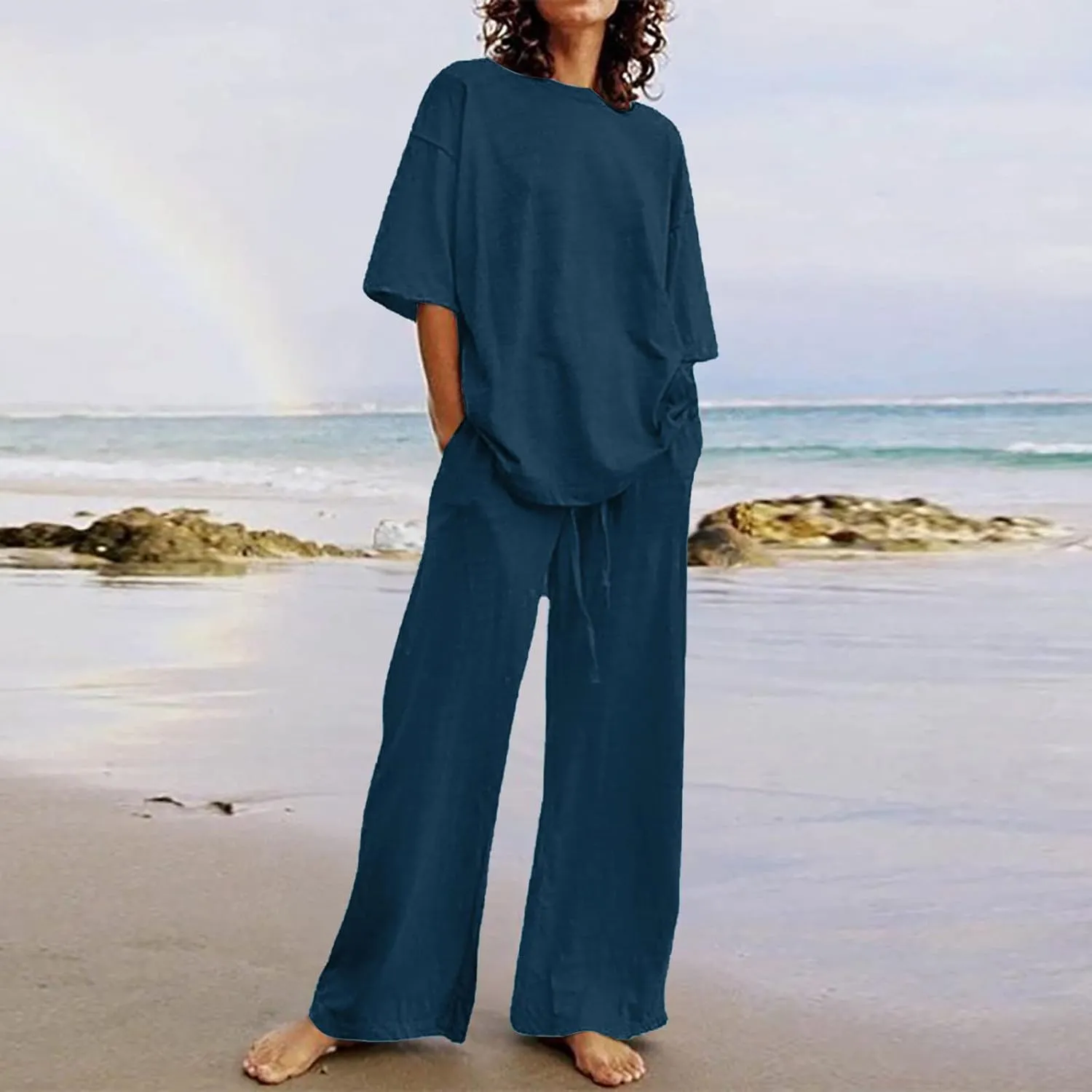 Summer Plus Size Linen Pant Sets Women 2 Piece Outfits Oversized Loose Lounge Set Shirt Top Wide Leg Pants Pajama Set
