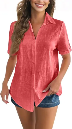 Summer Shirts for Women V Neck Short Sleeve Casual Loose Tees Lapel Button Down Tops 2025 Trending Now