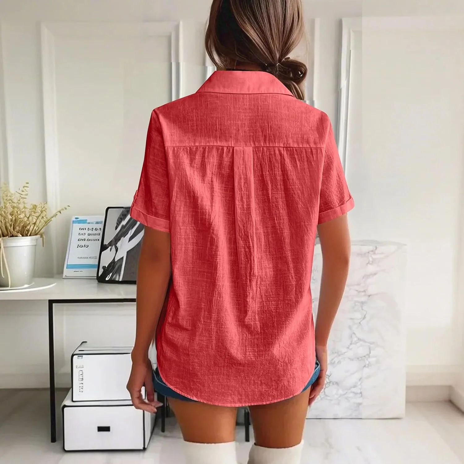 Summer Shirts for Women V Neck Short Sleeve Casual Loose Tees Lapel Button Down Tops 2025 Trending Now