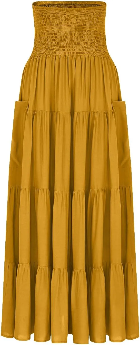 Summer Skirts for Women Cotton Beach Vacation Tiered Maxi Skirt Elastic High Waist Flowy Pleated Ruffle A Line Skirt