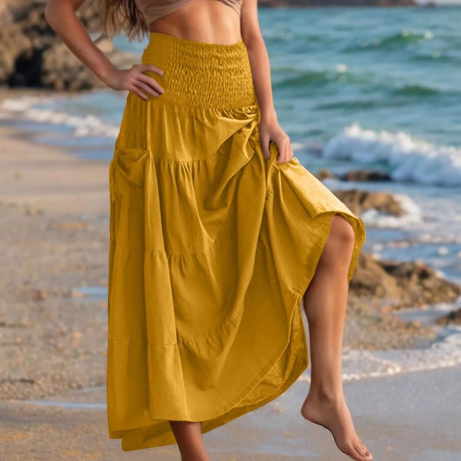 Summer Skirts for Women Cotton Beach Vacation Tiered Maxi Skirt Elastic High Waist Flowy Pleated Ruffle A Line Skirt