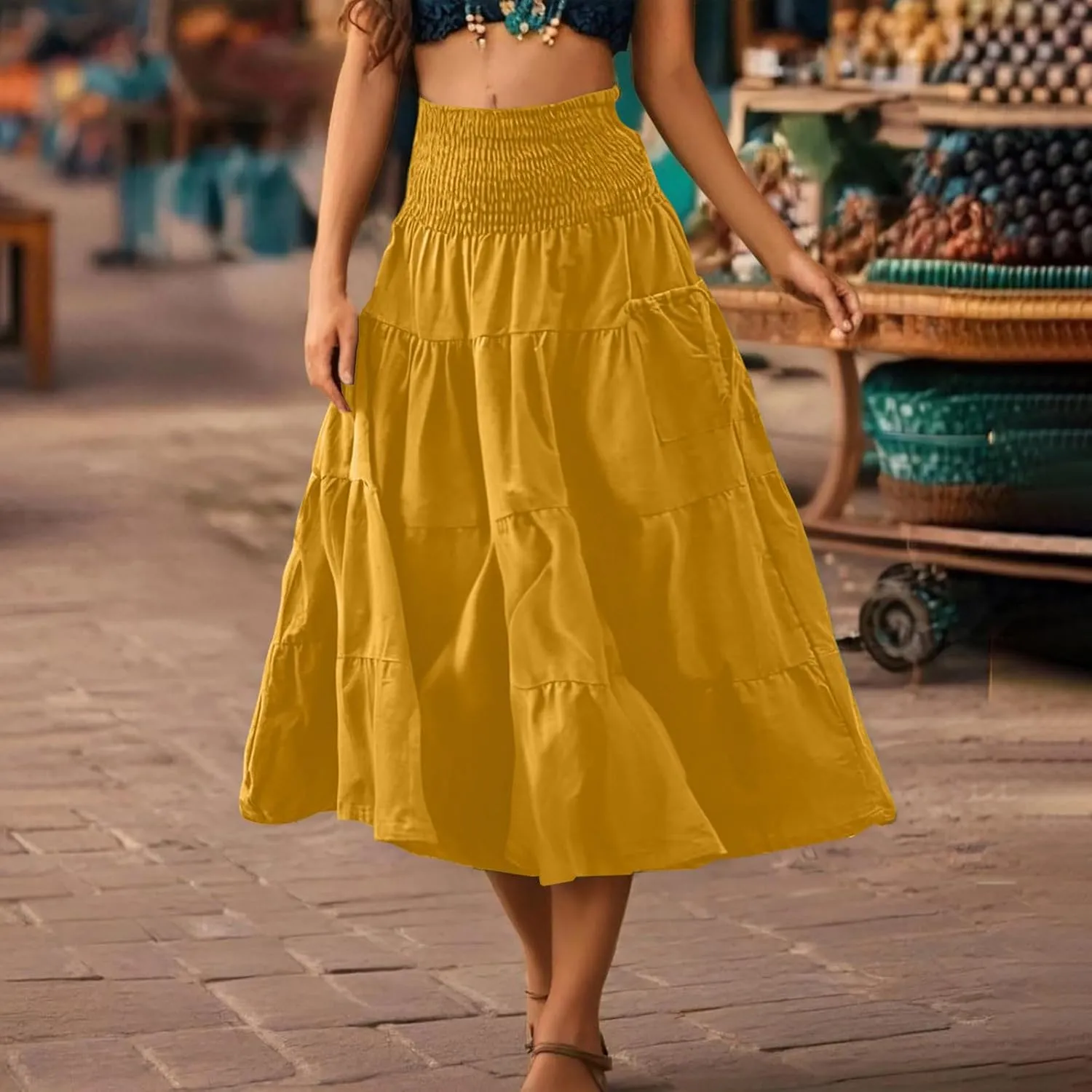 Summer Skirts for Women Cotton Beach Vacation Tiered Maxi Skirt Elastic High Waist Flowy Pleated Ruffle A Line Skirt